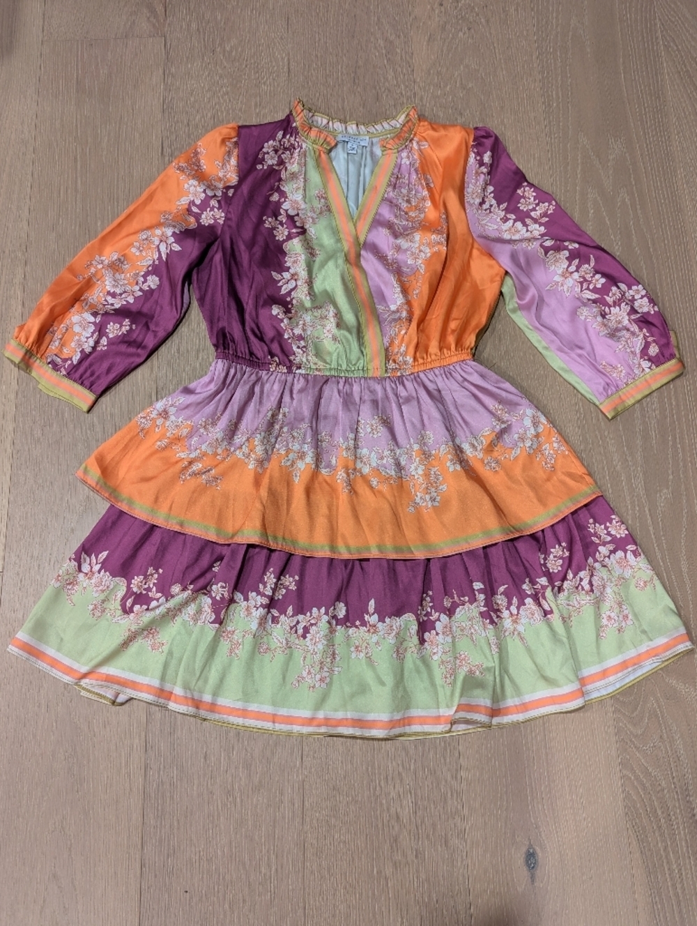 Current Air Floral Tiered Dress in Purple, Orange & Mint